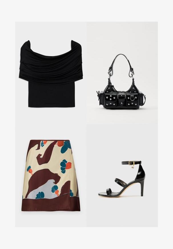 Črni top brez naramnic z drapirano tkanino, mehkobo in prilegajočim oblikovanjem. Ima gladek, minimalističen rob na pasu.; Svilena krila z bež osnovo in abstraktnimi burgundskimi, teal in rdečimi cvetličnimi vzorci; rob ima temno burgundski zaključek.; Črne lakirane sandale s tremi trakovi, zaponko okoli gležnja in 10-centimetrsko stiletto peto. Imajo detajle iz zlatega kovanja in logotipni čar.; Črna usnjena torbica s ukrivljenim dizajnom, ki vsebuje srebrne žebljičke, zaponko in dve stranski žepki. Nastavljiv trak za različne možnosti nošenja.