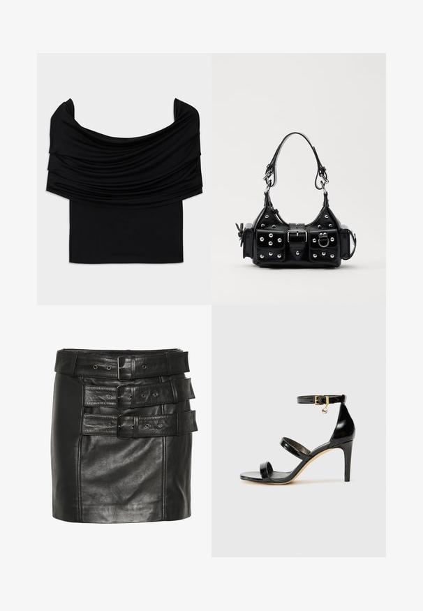 Čierny top bez ramienok s drapériou, mäkkou textúrou a priliehavým strihom. Disponuje hladkým, minimalistickým lemom v oblasti pásu.; Čierna kožená mini sukňa s viacerými širokými opaskami s prackami a kovovými očkami. Hladká textúra s pevnou konštrukciou.; Čierne lakované sandále s tromi pásikmi, spona na členku a 10 cm ihlovým podpätkom. Obsahujú zlaté detaily s hardwarem a logo prívesok.; Čierna kožená kabelka s zakriveným dizajnom, doplnená striebornými cvočkami, prackou a dvoma bočnými vreckami. Nastaviteľný popruh poskytuje rôzne možnosti nosenia.