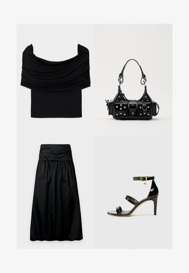 Top noir décolleté avec un tissu drapé, texture douce et design ajusté. Présente un ourlet lisse et minimal à la taille.; Jupe noire mi-longue avec un design froncé, fabriquée dans un matériau lisse. Elle présente une large ceinture froncée en haut.; Sandale en cuir verni noir avec trois brides, boucle de cheville et talon aiguille de 10 cm. Présente un détail en métal doré et un charm logo.; Sac à main en cuir noir au design courbé, avec des clous en argent, une boucle et deux poches latérales. Bandoulière réglable pour différentes options de transport.