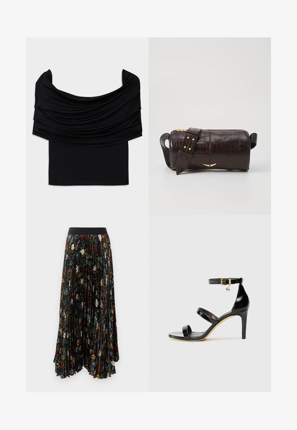Svart av-axel topp med draperat tyg, mjuk textur och en figurnära design. Har en slät, minimal fåll vid midjan.; Plisserad maxiklänning i svart tyg med ett blommönster i röd, blå och vit, med en fast svart elastisk midja.; Svart lackskinnsandaler med tre remmar, ankelspänne och 10 cm stilettklack. Har detaljer i guldmetall och logokaraktär.; Brun kroko präglat läderväska med cylindrisk form, guldfärgad hårdvara och ett avtagbart band med nitar.