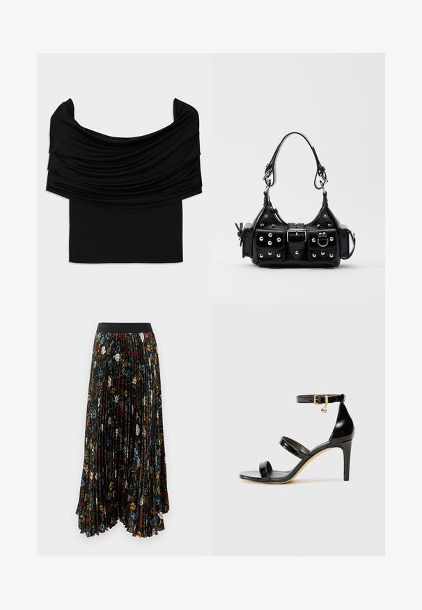 Schwarzes schulterfreies Top mit drapiertem Stoff, weicher Textur und figurbetontem Design. Mit einem glatten, schlichten Saum an der Taille.; Faltenmaxirock aus schwarzem Stoff mit einem floralem Muster in Rot, Blau und Weiß, ausgestattet mit einem einfarbigen schwarzen elastischen Bund.; Schwarze Lackleder-Sandale mit drei Riemen, Knöchelriemen und 10 cm hohen Stiletto-Absatz. Verfügt über goldfarbene Hardware-Details und ein Logo-Charm.; Schwarze Lederhandtasche mit einem geschwungenen Design, verziert mit silbernen Nieten, einer Schnalle und zwei seitlichen Taschen. Verstellbarer Träger für verschiedene Tragemöglichkeiten.