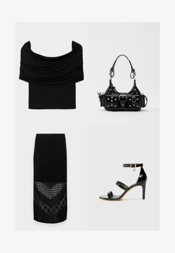 Juodas off-the-shoulder viršus su drabužius drapiruojančia medžiaga, minkšta tekstūra ir prigludusia forma. Yra lygus, minimalistinis apvadas juosmens srityje.; Juoda megzta sijonas su tekstūru, kuriame dera įvairūs raštai, įskaitant atviras akutes ir vientisas dalis, siekiantis vos virš kelių.; Juodas patentuotas odinis sandalai su trimis diržais, kulkšnies sagtimi ir 4 colių stiletto kulnu. Yra aukso detalės ir logotipo žavesys.; Juodas odinis rankinukas su kreiviu dizainu, su sidabro spalvos knopkėmis, užsegimu ir dviem šoninėmis kišenėmis. Reguliuojama dirželis nešimui.