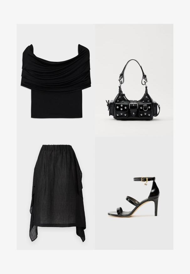 Black off-the-shoulder top with draped fabric, soft texture, and a fitted design. Features a smooth, minimal hem at the waist.; Henrik Vibskov UNCUT SKIRT - A-line skirt - black; Black patent leather sandal with three straps, ankle buckle, and 4-inch stiletto heel. Features gold hardware detail and logo charm.; Black leather handbag with a curved design, featuring silver studs, a buckle, and two side pockets. Adjustable strap for carrying options.