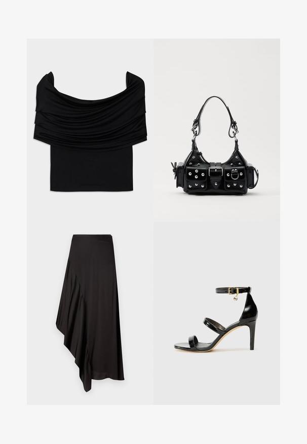 Czarna bluzka bez ramiączek z drapowanym materiałem, miękką teksturą i dopasowanym krojem. Posiada gładki, minimalistyczny dół w talii.; AERON ASTER czarny; Czarne lakierowane sandały na paski z trzema paskami, zapięciem na kostce i 10-centymetrowym obcasem w szpilce. Zawierają złote detale oraz zawieszkę z logo.; Czarna skórzana torebka w zakrzywionym kształcie, z srebrnymi ćwiekami, klamrą i dwoma bocznymi kieszeniami. Regulowany pasek umożliwiający różne opcje noszenia.