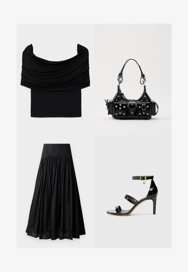 Black off-the-shoulder top with draped fabric, soft texture, and a fitted design. Features a smooth, minimal hem at the waist.; Black maxi skirt made of cotton with an embroidered waistband. Features gathered fabric and eyelet detailing along the hem.; Black patent leather sandal with three straps, ankle buckle, and 4-inch stiletto heel. Features gold hardware detail and logo charm.; Black leather handbag with a curved design, featuring silver studs, a buckle, and two side pockets. Adjustable strap for carrying options.