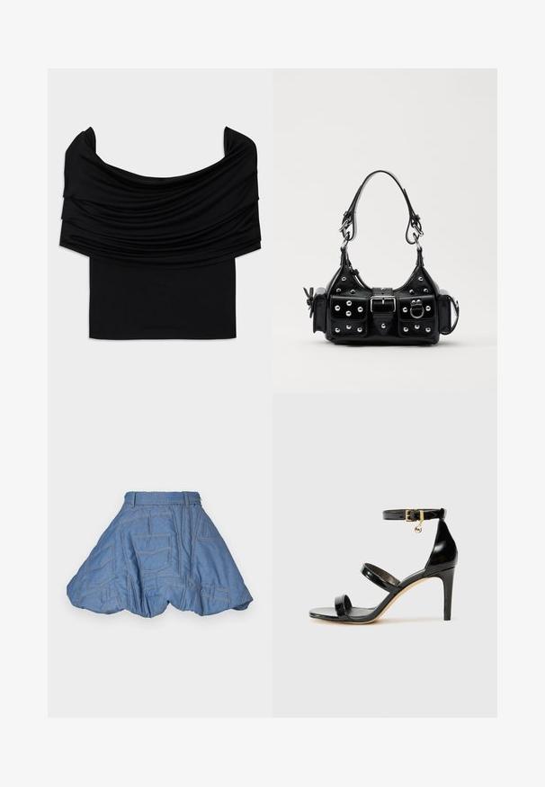 Čierny top bez ramienok s drapériou, mäkkou textúrou a priliehavým strihom. Disponuje hladkým, minimalistickým lemom v oblasti pásu.; Ksenia Schnaider QUILTED MINI SKIRT - Minisukňa - light blue; Čierne lakované sandále s tromi pásikmi, spona na členku a 10 cm ihlovým podpätkom. Obsahujú zlaté detaily s hardwarem a logo prívesok.; Čierna kožená kabelka s zakriveným dizajnom, doplnená striebornými cvočkami, prackou a dvoma bočnými vreckami. Nastaviteľný popruh poskytuje rôzne možnosti nosenia.