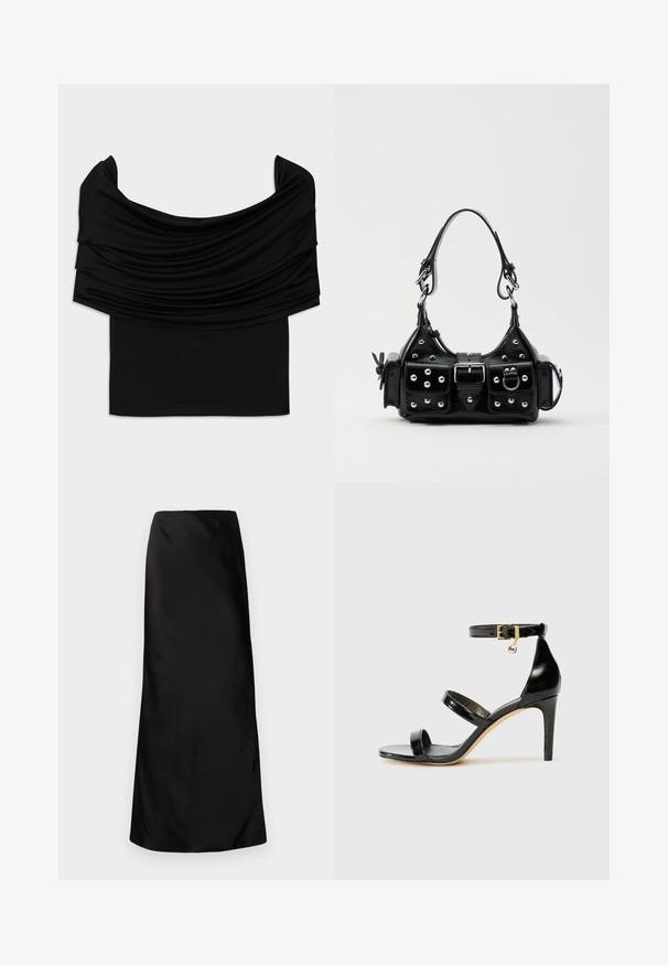 Svart av-axel topp med draperat tyg, mjuk textur och en figurnära design. Har en slät, minimal fåll vid midjan.; Norma Kamali BIAS OBIE SKIRT - Maxikjol - black; Svart lackskinnsandaler med tre remmar, ankelspänne och 10 cm stilettklack. Har detaljer i guldmetall och logokaraktär.; Svart läderhandväska med en kurvad design, prydd med silverfärgade nitar, ett spänne och två sidofickor. Justerbar rem för olika bäralternativ.