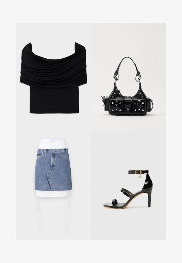 Top negru fără umeri, din țesătură drapată, cu o textură moale și un design ajustat. Dispune de un tiv neted și minimalist la talie.; Fustă din denim cu un corp albastru, talie perforată albă și șnururi de ajustare. Prezintă buzunare frontale și un croi drept cu margine brută.; Sandale negre din piele lacuită, cu trei curele, cataramă la glezna și toc stiletto de 10 cm. Prezintă detalii din metal auriu și un charm cu logo.; Geantă de piele neagră cu un design curbat, dotată cu studuri argintii, o cataramă și două buzunare laterale. Curea ajustabilă pentru opțiuni de transport.