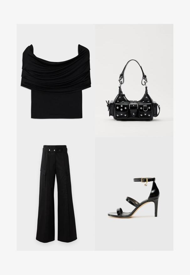 Top nero con spalle scoperte realizzato in tessuto drappeggiato, con una consistenza morbida e un design aderente. Presenta un orlo liscio e minimalista in vita.; Pantaloni neri a gamba larga con vita alta, dotati di ampie tasche laterali, due bottoni frontali e un dettaglio a anello. Realizzati in un tessuto resistente.; Sandalo in pelle verniciata nera con tre cinturini, fibbia alla caviglia e tacco a stiletto di 10 cm. Presenta dettagli in hardware dorato e un charm con logo.; Borsa a mano in pelle nera con design curvo, caratterizzata da borchie argentate, una fibbia e due tasche laterali. Tracolla regolabile per diverse opzioni di trasporto.
