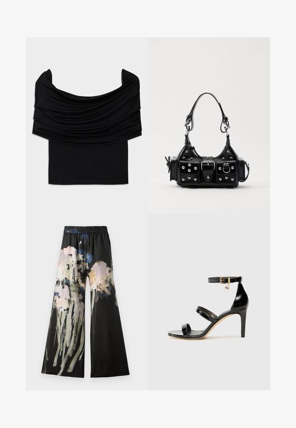 Top nero con spalle scoperte realizzato in tessuto drappeggiato, con una consistenza morbida e un design aderente. Presenta un orlo liscio e minimalista in vita.; Pantaloni a gamba larga in tessuto nero con stampa floreale acquello in tonalità di rosa, blu e verde; vita elastica per il massimo comfort.; Sandalo in pelle verniciata nera con tre cinturini, fibbia alla caviglia e tacco a stiletto di 10 cm. Presenta dettagli in hardware dorato e un charm con logo.; Borsa a mano in pelle nera con design curvo, caratterizzata da borchie argentate, una fibbia e due tasche laterali. Tracolla regolabile per diverse opzioni di trasporto.