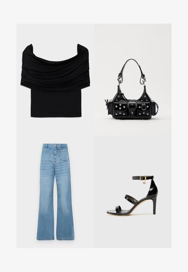 Mustmust õla pealt avatud must topp, millel on rippuv kangas, pehme tekstuur ja kehakujuline disain. Omab sujuvat, minimalistlikku äärt vööl.; Heledad sinine teksapüksid laia säärega disainiga, millel on kaks eesmist ja kaks tagumist taskut, lõpetatud toore serva ja nööpidega kinnitusega.; Must musta nahk sandaal kolme rihmaga, pahkluu vööga ja 4-tollise stilettakontsaga. Omab kuldset detaili ja logovõtit.; Must värvi nahast käekott, millel on kaarjas disain, hõbedased nupukesed, kinnitusahe ja kaks külgtaskut. Reguleeritav rihm erinevate kandmisvõimaluste jaoks.