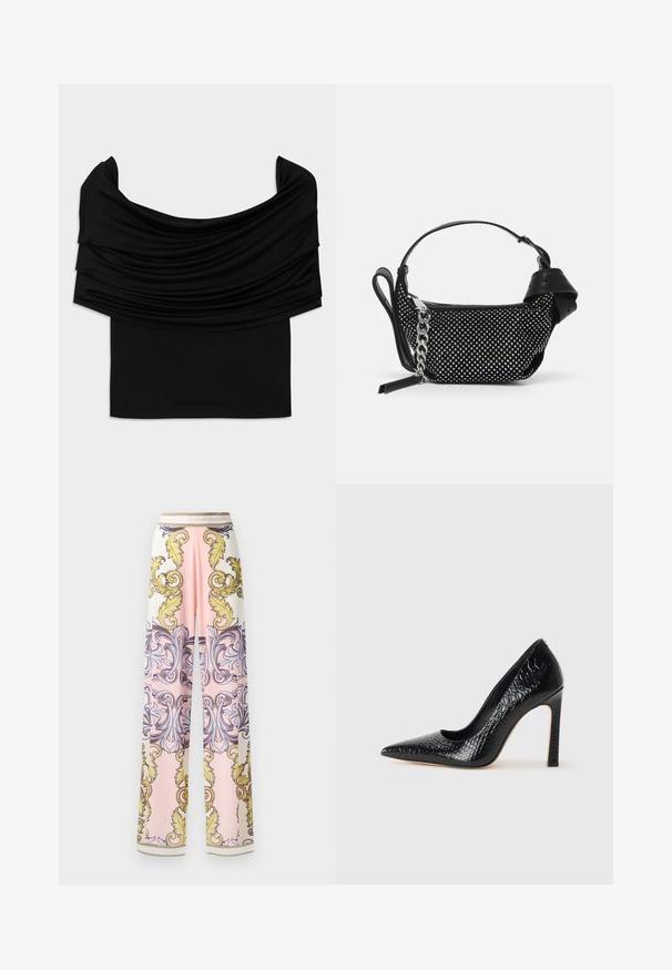 Černý top bez ramínek s přehnutou tkaninou, měkkou strukturou a přiléhavým střihem. Disponuje hladkým, minimalistickým lemem v oblasti pasu.; Široké kalhoty vyrobené z lehkého materiálu, s růžovo-bílou barevnou kombinací, zdobené složitými žlutými a modrými barokními vzory a zlatými akcenty.; Černý lodičkový bot s špičatou špičkou, pokrytý texturou krokodýlí kůže, s elegantním designem, vysokým stiletto podpatkem a hladkým černým interiérem.; Černá kabelka s cvočky, řetízkem a hladkým koženým držadlem, kulatého tvaru a se zipovou kapsou.