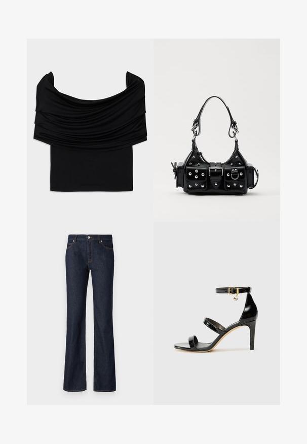 Sort off-shoulder top med draperet stof, blød tekstur og en tætsiddende pasform. Har en glat, minimal kant ved taljen.; Mørkeblå denim jeans med en flare-form, fem-lomme design og kontrasterende orange syninger langs sømmene og lommerne.; Sorte patenterede lædersandaler med tre stropper, ankelspænde og 10 cm stiletthæl. Har detaljer i guld og et logo charms.; Sort læderhåndtaske med et buet design, prydet med sølvfarvede nitter, en spænde og to sidelommer. Justerbar rem til forskellige bære muligheder.