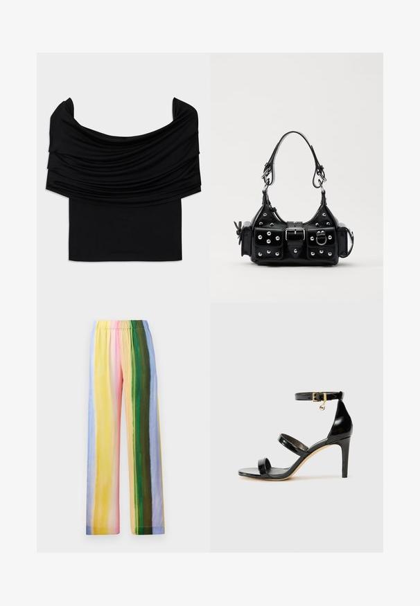 Top negru fără umeri, din țesătură drapată, cu o textură moale și un design ajustat. Dispune de un tiv neted și minimalist la talie.; Pantaloni cu croi larg, dotati cu un elastic la talie, având dungi verticale în culori pastelate: galben, roz, verde, albastru și mov deschis. Textură netedă.; Sandale negre din piele lacuită, cu trei curele, cataramă la glezna și toc stiletto de 10 cm. Prezintă detalii din metal auriu și un charm cu logo.; Geantă de piele neagră cu un design curbat, dotată cu studuri argintii, o cataramă și două buzunare laterale. Curea ajustabilă pentru opțiuni de transport.