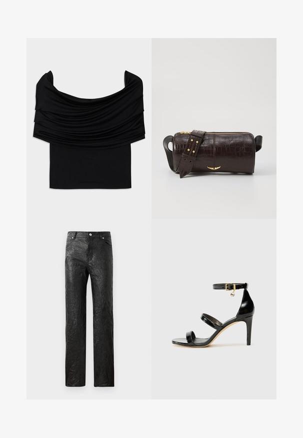 Čierny top bez ramienok s drapériou, mäkkou textúrou a priliehavým strihom. Disponuje hladkým, minimalistickým lemom v oblasti pásu.; Čierne, zvrásnené nohavice vyrobené zo syntetického materiálu, s rovnými nohavicami a piatimi vreckami, doplnené striebornými kovovými detailami.; Čierne lakované sandále s tromi pásikmi, spona na členku a 10 cm ihlovým podpätkom. Obsahujú zlaté detaily s hardwarem a logo prívesok.; Hnedá taška z kože s embosovaným vzorom krokodíla, cylindrického tvaru, so zlatými hardvérovými doplnkami a odnímateľným popruhom so štítkami.