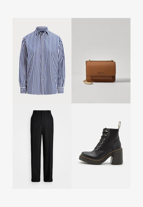Polo Ralph Lauren RELAXED FIT STRIPED COTTON SHIRT - Pogājama blūze - fall royal/white; Polo Ralph Lauren HIGH RISE RELAXED STRAIGHT TROUSER - Auduma bikses - black; Melnas ādas potītes zābaki ar masīvu augsto papēdi, auklām priekšpusē, metāla acīm un dzelteniem uzšuvumiem gar zolēm. Tekstūrēta gumijas zole.; Brūna teksturēta ādas plecu soma ar zelta ķēdes siksnu un atloka aizdari. Priekšpusē ir logotipa detaļa un kabata zem atloka.