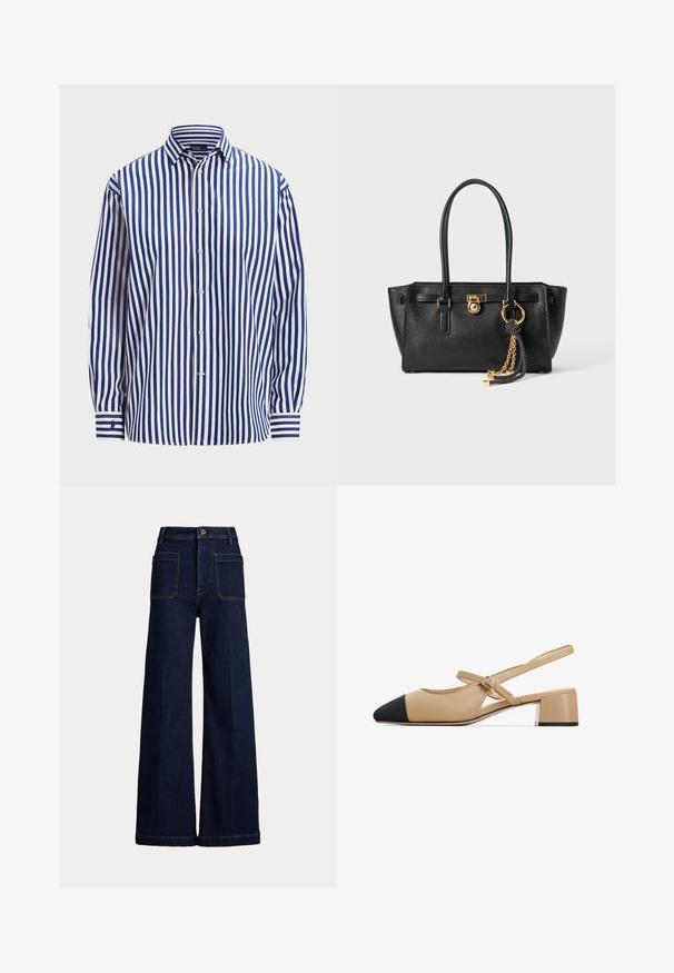 Polo Ralph Lauren RELAXED FIT STRIPED COTTON SHIRT - Blusa - fall royal/white; Jeans de mezclilla oscura de pierna ancha con cintura alta, diseño de cinco bolsillos y costuras en contraste. Presenta un cierre de botón y una forma estructurada.; Zapatos de tacón bajo de piel beige con un dedo del pie puntiagudo negro, correa con hebilla y un bajo bloque que presenta un acento plateado en la base.; Bolso de cuero negro con doble asa, cierre dorado y detalles en cadena, y accesorio de borlas en blanco y negro, sobre fondo blanco.