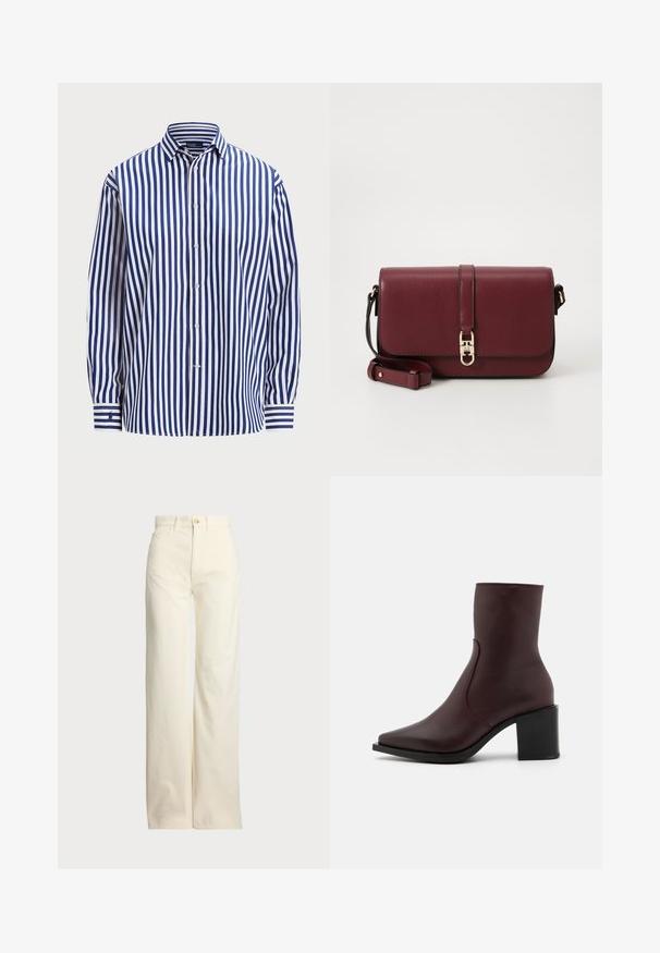 Polo Ralph Lauren RELAXED FIT STRIPED COTTON SHIRT - Košilová halenka - fall royal/white; Polo Ralph Lauren COTTON CORDUROY WIDE-LEG PANT - Kalhoty - warm white; Zign LEATHER - Kotníkové boty - bordeaux; Tommy Hilfiger LIBRE FLAP CROSSOVER - Taška s příčným popruhem - deep rouge