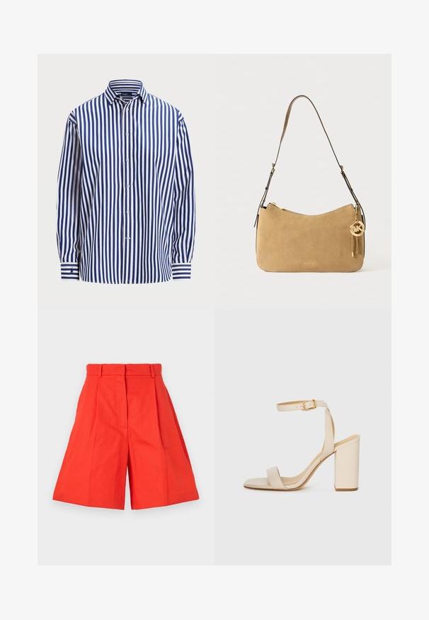 Polo Ralph Lauren RELAXED FIT STRIPED COTTON SHIRT - Blusa com botões - fall royal/white; Calções de algodão vermelhos com cintura alta, apresentando pregas e um silhouette de corte largo. Textura suave e linhas limpas. Sem bolsos ou embellishments.; Sandalha de salto alto bege com bico quadrado, tira fina no tornozelo e salto bloco. Textura de couro suave com detalhe de fivela dourada.; Bolsa de ombro em camurça bege com um formato curvado, ferragens douradas e fecho de zipper. Apresenta um charme anexado com as iniciais "MK."