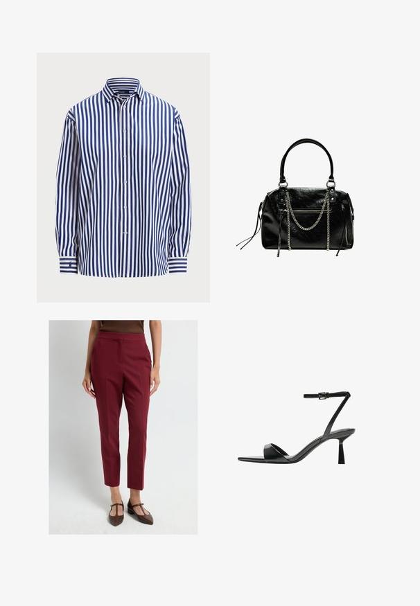 Polo Ralph Lauren RELAXED FIT STRIPED COTTON SHIRT - Overhemdblouse - fall royal/white; Bordeaux gepaste broek met een rechte snit, gemaakt van een gladde, gestructureerde stof en met een voorplooidetail. Draag het met bruine schoenen.; Bershka Sandalen met hoge hak - black; Bershka WITH CHAIN - Handtas - black