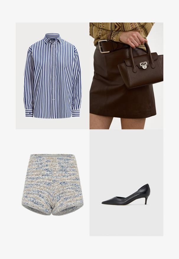 Polo Ralph Lauren RELAXED FIT STRIPED COTTON SHIRT - Hemdbluse - fall royal/white; Gewebte Shorts aus strukturiertem Stoff mit blauen und beigen Streifen, einem geraden Taillenbund und einer figurbetonten Silhouette.; Schwarzer Pumps aus Leder mit spitzer Zehenpartie und niedrigem Absatz. Verfügt über eine glatte Textur und dezenten Glanz. Vordere Öffnung für ein zusätzliches Detail.; Braune Lederhandtasche mit strukturiertem Finish und silbernen Beschlägen, gehalten mit einer Hand neben einem braunen Lederrock und einem gemusterten Pullover.