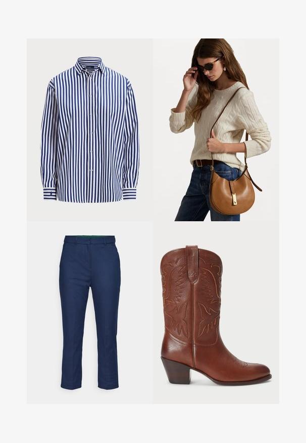Polo Ralph Lauren RELAXED FIT STRIPED COTTON SHIRT - Bluza z gumbi - fall royal/white; Ravne hlače indigo modre barve z zankami za pas in skritim sprednjim zapiranjem, prikazane na beli podlagi.; Rjavi usnjeni kavbojski škorenj s koničastim nosom, embosirano zahodno oblikovanje in naložen peti. Vsebuje šiv in gladko teksturo.; Rjava usnjena torba za ramo s ukrivljeno obliko in zlatimi detajli. Model nosi kremno pleteno majico z kabelskim vzorcem in modre kavbojke.