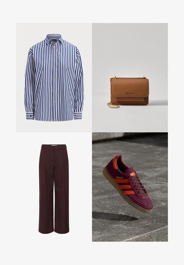 Polo Ralph Lauren RELAXED FIT STRIPED COTTON SHIRT - Button-down blouse - fall royal/white; Wide-leg trousers in deep burgundy, made from a smooth fabric. Features a high waist with pleats and simple belt loops for a tailored look.; Maroon suede sneaker with orange stripes and accents, brown laces, and a gum sole. Features a logo tab on the tongue.; Brown textured leather crossbody bag with gold chain strap and flap closure. Front features logo detail and a pocket under the flap.