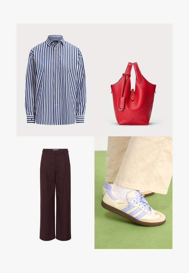 Polo Ralph Lauren RELAXED FIT STRIPED COTTON SHIRT - Button-down blouse - fall royal/white; Wide-leg trousers in deep burgundy, made from a smooth fabric. Features a high waist with pleats and simple belt loops for a tailored look.; Cream and lavender sneakers with three stripes and a textured brown sole, featuring laces and a padded heel. Soft fabric upper.; Red leather handbag with a textured finish, curved shape, dual top handles, and a small detachable accent tag. Features logo in blue.