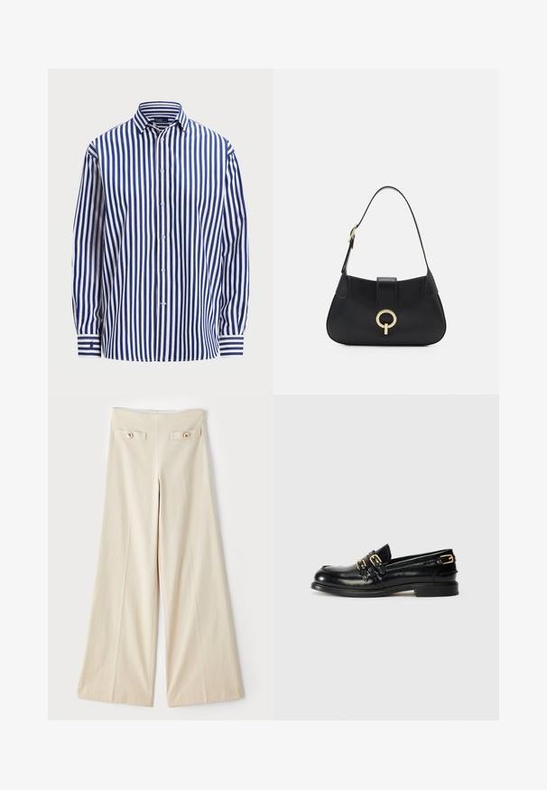 Polo Ralph Lauren RELAXED FIT STRIPED COTTON SHIRT - Nööpidega pluus - fall royal/white; Beige laiad jalad kõrge vöökohaga, millel on kaks dekoratiivset esikotti ja kuldse tooni nupud kummalgi pool. Sile kangatekstuur.; Mustad nahast kingad läikiva pinna ja kahe kuldse kinnitusega, madala kanna olemasoluga. Sile tekstuur ja ümar varv.; Must musta nahkrahakott, millel on kaarjas siluett, lühike rihm, keskmise kullatooni metalldetail ja sile tekstuur. Pole nähtavaid mustreid ega lisandeid.