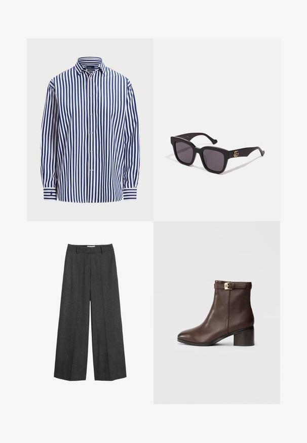 Polo Ralph Lauren RELAXED FIT STRIPED COTTON SHIRT - Blúzka so zapínaním na gombíky - fall royal/white; Široké nohavice v tmavošedej tkanine. Obsahujú priliehavý pás so slučkami na opasok, hladkú textúru a minimálne vyšívané detaily.; Hnedé kožené členkové topánky s okrúhlou špičkou, nízkym blokovým podpätkom a dekoratívnym prackovým pásikom okolo členku. Hladká textúra a elegantný dizajn.; Čierne slnečné okuliare so škvrnitými sklami, s zlatými logovými akcentmi na stranách a matným povrchom. Úhlový dizajn pre odvážny vzhľad.; Tommy Hilfiger LIBRE FLAP CROSSOVER - Taška cez plece - deep rouge