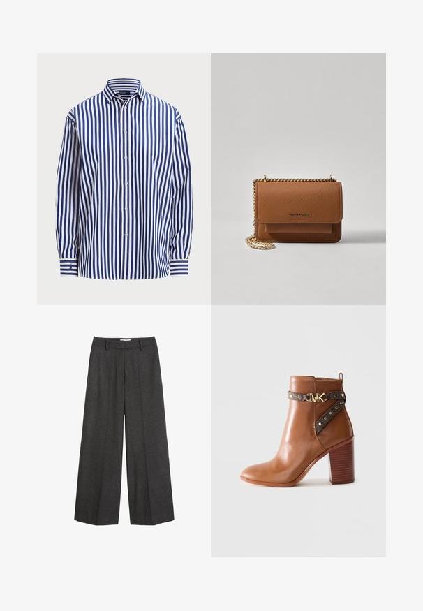 Polo Ralph Lauren RELAXED FIT STRIPED COTTON SHIRT - Nööpidega pluus - fall royal/white; Tumed hallid laiad püksid. Neil on kohandatud vöökoht koos vöörihmadega, sile/textuur ja minimaalne õmblusdetailide rõhutamine.; Pruun nahkne pahkluu saabas, millel on kõrge plokk konts, külgrihm kullast nänni ja kuldne "MK" logo pandla.; Pruun tekstureeritud nahk ristkeha kott kuldse ahelaga rihmaga ja klapiga sulgemine. Esiküljel on logo detail ja tasku klapi all.