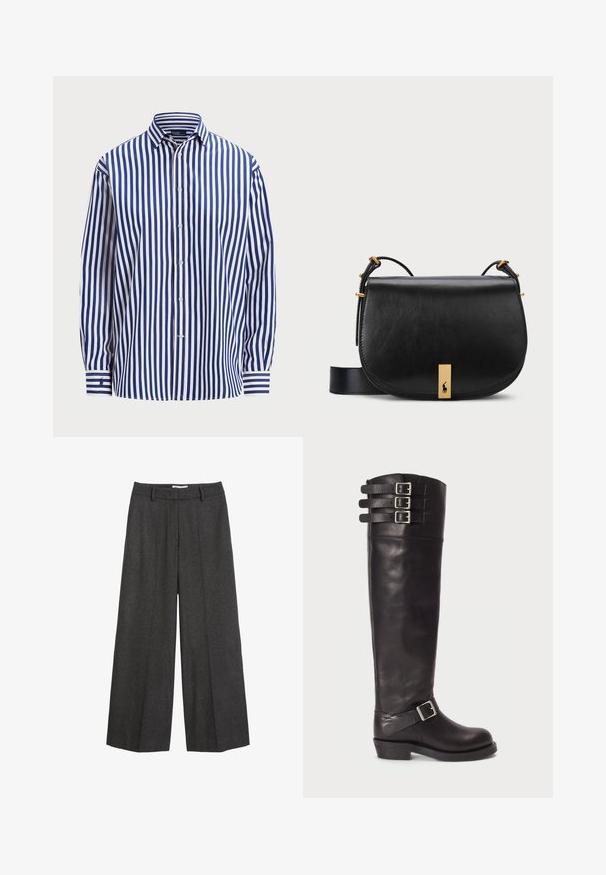 Polo Ralph Lauren RELAXED FIT STRIPED COTTON SHIRT - Užsagstoma palaidinė - fall royal/white; Platus kojas kelnes tamsiai pilkos spalvos audinio. Yra pritaikytas liemuo su dirželių kilpomis, lygus paviršius ir minimalūs siuvimo akcentai.; Juodos odinės kelnės iki kelių batai su apvaliu pirštu, trimis dirželių sagtimis viršuje ir šonine sagtimi. Plokščias padas ir lygi tekstūra.; Juodas odinis krepšys per petį su auksinės spalvos metaliniais akcentais ir reguliuojama juosta, turintis lygią tekstūrą ir išlenktą formą.