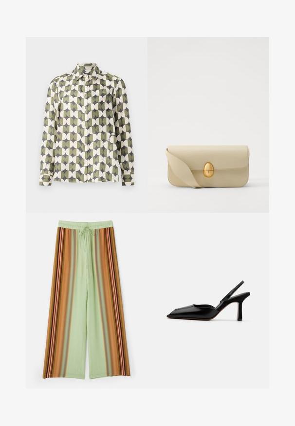 Mygtukų marškiniai iš lengvos medžiagos, puikuojantys pasikartojančiu žalių ir grietinėlės spalvos apskritimų raštu pilkame fone. Įtrauktas krūtinės kišenė.; Šviesiai žali plačios kojos kelnių audinys su vertikaliomis rudo, oranžinio ir įvairiaspalvių akcentų juostelėmis. Elastinga juosmens juosta su raišteliu.; Juodas odinis slingback kulnas su smailiu nosiu, minimalizmo stilius, plonas kulkšnies dirželis ir elegantiškas stiletto kulnas. Lygus paviršius.; Bežinė odinė rankinė su lygiu paviršiumi, stačiakampio formos ir auksiniu ovaliu užsegimu. Yra ilga, reguliuojama petneša.