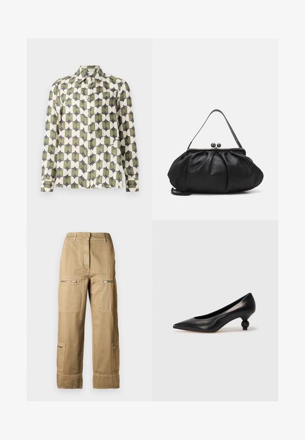 Button-up shirt in lightweight fabric, featuring a repeating pattern of green and cream circles on a gray background. Includes a chest pocket.; Cargo pants made of cotton in a light khaki color, featuring multiple pockets, zippers, and a relaxed fit with cuffed hems.; Black leather high heel shoe with a pointed toe and a round, balled heel. Smooth texture with a sleek, minimal design.; Black leather handbag with a rounded, pleated design. Features a metallic clasp with two decorative balls and a slim, detachable strap.