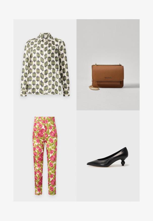 Košeľa na gombíky z ľahkej tkaniny, s opakujúcim sa vzorom zelených a smotanových kruhov na šedom pozadí. Obsahuje náprsné vrecko.; Kvetinové nohavice s bielym pozadím, zdobené veľkými ružovými ružami a zelenými listami. Úzky strih s vysokým pásom.; Čierna kožená vysoká topánka na podpätku s ostrým špičkou a okrúhlym, guľatým podpätkom. Hladký povrch s moderným, minimalistickým dizajnom.; Hnedá textúrovaná kožená taška cez telo s zlatým reťazovým popruhom a preklopným uzáverom. Predná strana obsahuje detail s logom a vrecko pod preklopkou.