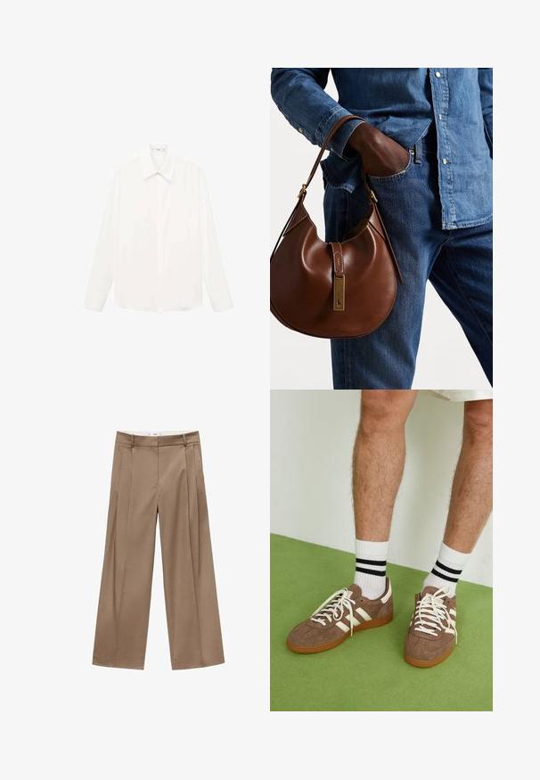 Camicia bianca a maniche lunghe con colletto classico, realizzata in tessuto leggero, con chiusura a bottoni e vestibilità leggermente ampia.; Pantaloni a gamba larga e vita alta in un caldo tono marrone, con pieghe frontali e una finitura pulita, progettati per un fit elegante e confortevole.; Sneaker in suede marrone con dettagli e lacci bianchi. Suola in gomma color gomma. Indossati con calzini bianchi con righe nere. Pavimento verde texturizzato.; Borsa hobo in pelle marrone con una forma arrotondata, dotata di dettagli in hardware dorato e cuciture a contrasto. Abbinata a una camicia di jeans e a un paio di jeans.