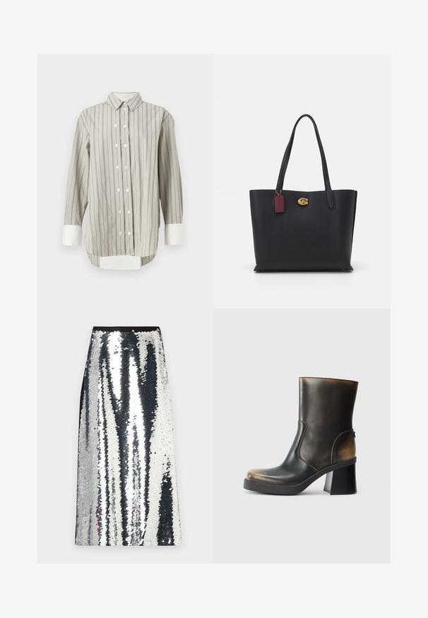 Prugasta srajca v sivi in beli barvi, z klasičnim ovratnikom, zapenjanjem na gumbe z belimi gumbi in kontrastnimi belimi manšetami. Dolgi rokavi.; Srebrna maxi suknja s pačkami ravnega kroja, ki ima črn pas in izmenjujoč vzorec vertikalnih črt iz svetlečih pačk.; Črne usnjene gležnjarje s sijočo obdelavo, okroglo toe, kontrastnimi svetlo rjavimi detajli, blokastim peto in stranskim zadrgo.; Črna usnjena torba s dolgimi ročaji, teksturirana površina, zlat pribor in bordo oznaka. Prostorna zasnova z odprtim vrhom.
