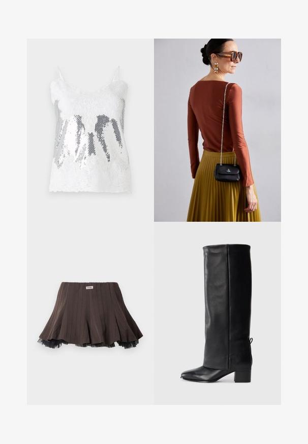 Biały top na ramiączkach z koronką, z bodicem ozdobionym srebrnymi cekinami tworzącymi efekt gradientu. Regulowane cienkie ramiączka oraz falbaniasty koronkowy dół.; Brąskowa spódnica plisowana z teksturowanej tkaniny, z warstwowym czarnym tiulem na dole i małą metką z logo na pasie.; Czarne skórzane botki za kolano z gładkim wykończeniem, kwadratowym noskiem, słupkowym obcasem oraz szczegółami w postaci bocznego wiązania umożliwiającego regulację dopasowania.; Vivienne Westwood - Torba na ramię