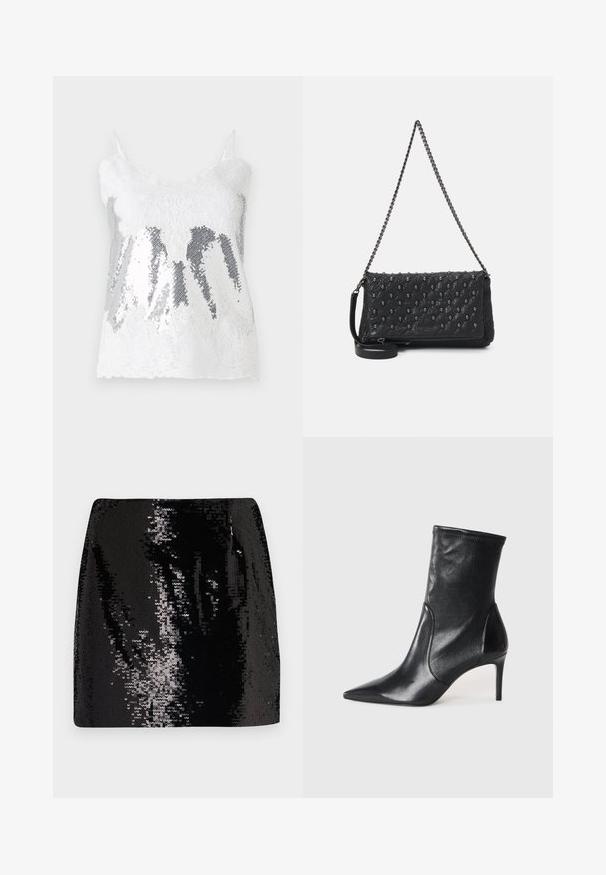 Bela čipkasta majica s tankimi naramnicami, ki ima bustier iz srebrnih bleščic, ki ustvarjajo gradientni učinek. Prilagodljive tanke naramnice in scalloped čipkast rob.; Črna mini krila s sequini, prilegajočim dizajnom, visokim pasom in sijočo teksturo, ki vsebuje odsevne podrobnosti in eleganten silhuet.; Črne gležnjarje iz gladke usnje, s koničastim nosom, oprijetim okovjem in ozkim visokim peto. Minimalističen dizajn brez vidnih kovinskih delov.; Črna prešita usnjena torba s verižnim trakom, ki vključuje dodatke v obliki lobanj in zadrgo. Teksturirana površina z sijočim zaključkom.