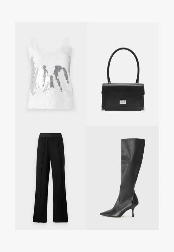 White lace tank top featuring a bodice of silver sequins creating a gradient effect. Adjustable thin straps and a scalloped lace hem.; Black wide-leg pants made of smooth fabric with a stretchy waistband. Features pleats for added volume and flow, with no visible patterns or accents.; Knee-high black leather boots with a pointed toe and a slim stiletto heel. Smooth texture with a fitted design and stitching at the top edge.; Black leather handbag with a structured design, a top handle, and a silver clasp. Features corner accents and smooth texture.