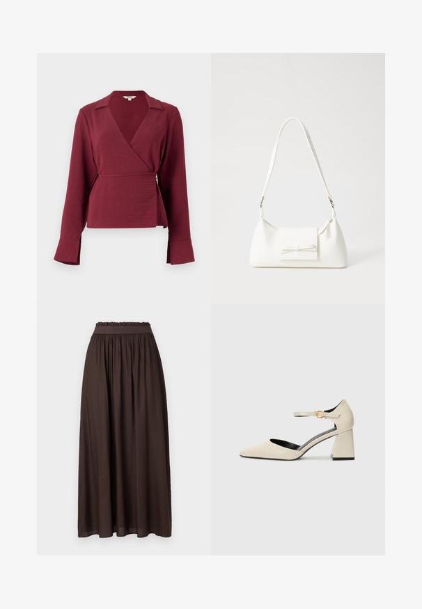 Blouse enveloppante bordeaux avec des manches longues, un col en V, et un détail noué à la taille, comportant un tissu texturé et des ourlets de manches évasées.; Jupe marron, longueur cheville, en tissu lisse. Taille élastique avec texture froncée, offrant un ajustement décontracté. Design simple, sans motifs.; Chaussures à talons blocs en simili cuir beige avec un bout pointu, une bride autour de la cheville et des détails subtils en texture crocodile. Doublure intérieure noire.; Sac à main synthétique blanc en forme triangulaire, avec un rabat avant plat et un détail en nœud, une bandoulière ajustable, une texture lisse et un design minimaliste.