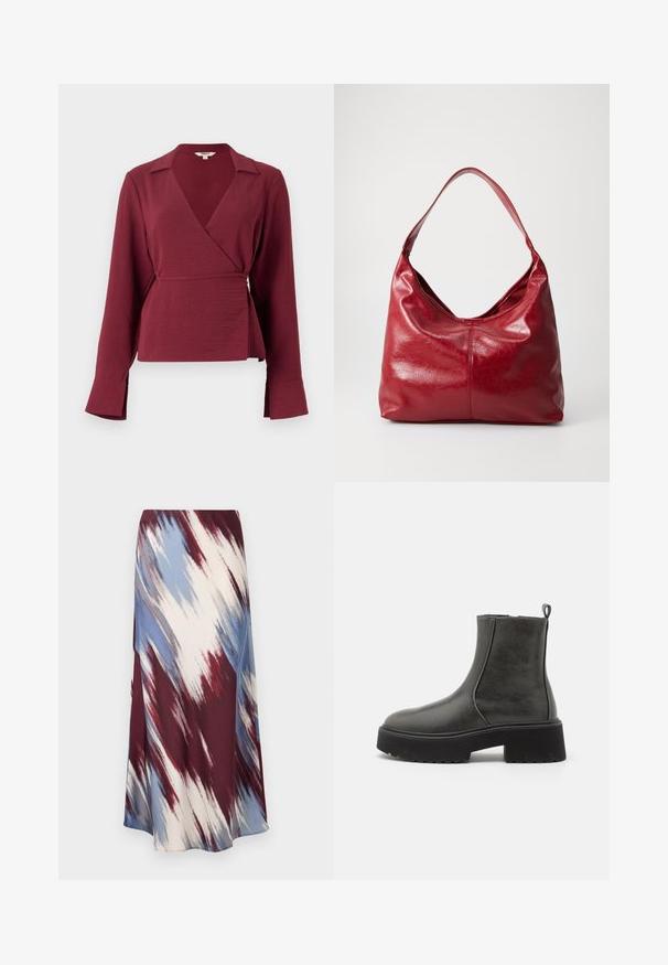 Bordeaux wikkelblouse met lange mouwen, een notch-kraag en een strikdetail in de taille, met een textiele stof en uitlopende mouwuiteinden.; Lange rok met een diagonaal tie-dye patroon in bordeauxrood, blauw en crème, gemaakt van zachte stof met een vloeiende silhouet en een lichte glans.; Zwarte enkellaarzen met een gladde synthetische bovenkant, elastische zijkanten, een treklip en een stevige rubberen zool.; Rode leren hobo tas met een zachte, textuur oppervlak, een enkele schouderband en een ronde, slungelige vorm.