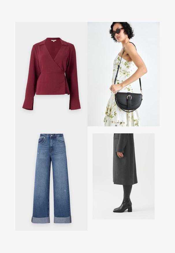 Burgunderfarget innpakningsbluse med lange ermer, en skråkrage og en knytedetalj i midjen, laget av et teksturert stoff med utsvingte ermeender.; Videben, høy midje jeans i falmet blå denim. Har sømmede lommer, knappelukking og rullede mansjetter ved anklene.; Grå, skreddersydd frakk med rett snitt; kombinert med knehøye svarte lærstøvler med firkantet tå og kraftig hæl.; Svart lærveske med en buet form, avtagbar stropp og gullbeslag. Vesken har et klaff med spenne-detall.