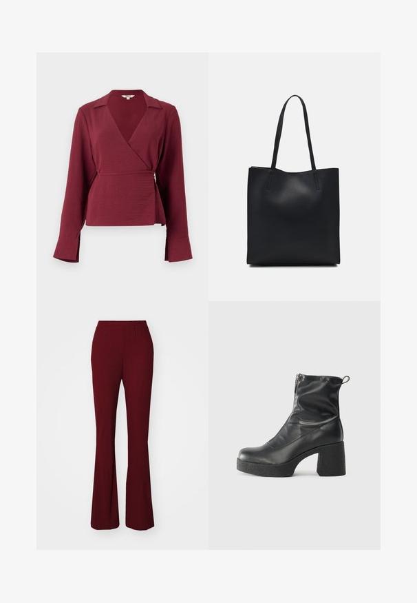 Burgundy wrap blouse with long sleeves, a notch collar, and a tie detail at the waist, featuring a textured fabric and flared sleeve hems.; Burgundy ribbed flared pants with an elastic waistband. Features a smooth texture and a fitted silhouette extending to a flared hem.; Black ankle boots made of smooth leather, featuring a side zipper, chunky textured heel, and rounded toe design.; Black leather tote bag with smooth texture, rectangular shape, and two long handles. No visible hardware or embellishments.