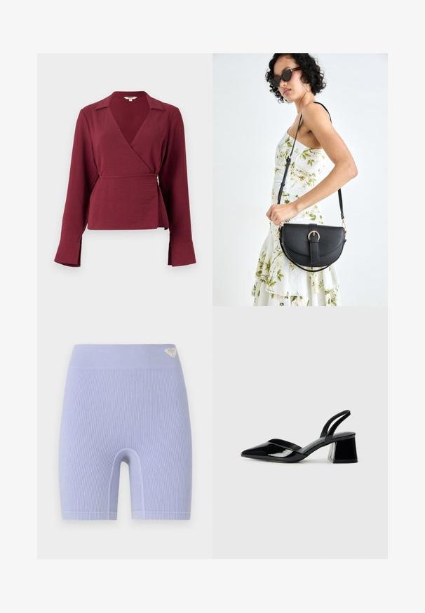 Burgundska bluzica s dugim rukavima, izrezom na rever i detaljem s vezanjem u struku, s teksturiranom tkaninom i suknicama rukava s širom.; Ribane ljubičaste biciklističke kratke hlače s visokim strukom. Imaju mali logo naglasak na gornjoj lijevoj strani. Jednostavan, uski kroj.; Crne lakirane kožne sandale s otvorenom petom i špicastim vrhom, s geometrijskom blok petom. Imaju elegantan, minimalistički dizajn i glatku teksturu.; Crna kožna torba s lukovitim oblikom, odvojivim remenom i zlatnim detaljima. Torba ima preklop s kopčom.
