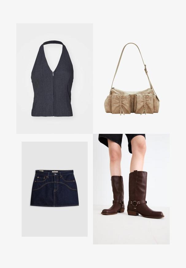 Tamsiai mėlyna džinsinė halterio tipo palaidinė su gilia V formos iškirpte, priekyje esančiu užtrauktuku ir prigludusia forma. Lygus paviršius ir minimaliai stilingas dizainas.; Tamsiai indigo džinsų sijonas su prigludusia siluetu, penkiomis kišenėmis ir kontrastingais geltonais siūlais palei siūles. Metalinis mygtuko užsegimas juosmens zonoje.; Rudos odinės kelio ilgio batai su apvalia nosimi, tekstūruotu paviršiumi, užkulnio dirželiu ir sidabriniais detaliais; storas kulnas.; Bežinis zomšinės odos rankinė su apvalia forma, turinti tris susiraukšlėjusias kišenes priekyje ir vieną reguliuojamą diržą.