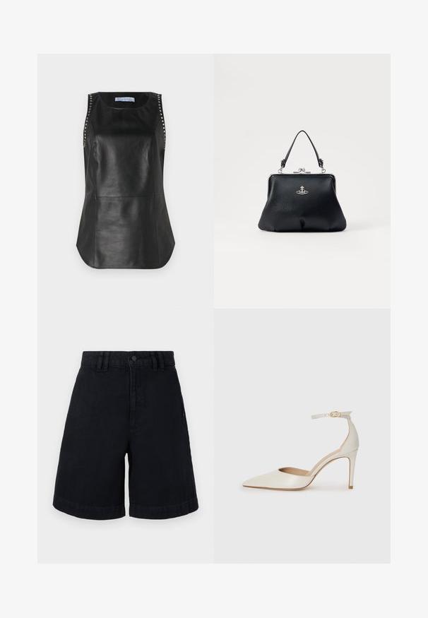 Black leather sleeveless top with a smooth texture, featuring metal studs along the shoulders and a rounded hemline.; Black denim shorts with a straight cut, featuring a button closure, belt loops, and rolled hems. Smooth texture with subtle stitching details.; White leather high-heeled shoe with a pointed toe, ankle strap, and a slim stiletto heel. Smooth texture with subtle glossy finish.; Black leather handbag with a textured surface, silver hardware, clasp closure, and a short handle for carrying. Compact and structured design.