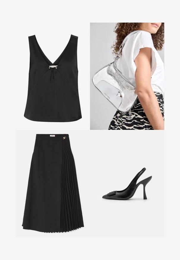 Svart ärmlös topp med V-ringning, som har en dekorativ knut och silverfärgade detaljer i mitten, tillverkad av ett slätt, elegant tyg.; Svart midiklänning med en veckad design på ena sidan, tillverkad av lätt tyg med en dold dragkedja och sidofickor.; Svart lädersandal med spetsig tå, smal hög klack och en dekorativ rosettdetalj. Slät yta och elegant design.; Silver metallisk axelväska med en slät yta, böjd design, kedjesnodd och en polerad framsida med en subtil loggogravering.
