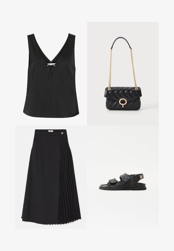 Černý bezrukávový top s výstřihem do V, s ozdobným uzlem a stříbrnými akcenty uprostřed, vyrobený z hladkého, elegantního materiálu.; Černá midi sukně s plisovaným designem na jedné straně, vyrobená z lehkého materiálu, se skrytým zipem a bočními kapsami.; sandro Páskové sandály - noir; Černá prošívaná kožená kabelka se zlatým řetízkem, vybavená zakřiveným zlatým kováním a klopovým zapínáním. Kompaktní obdélníkový tvar.