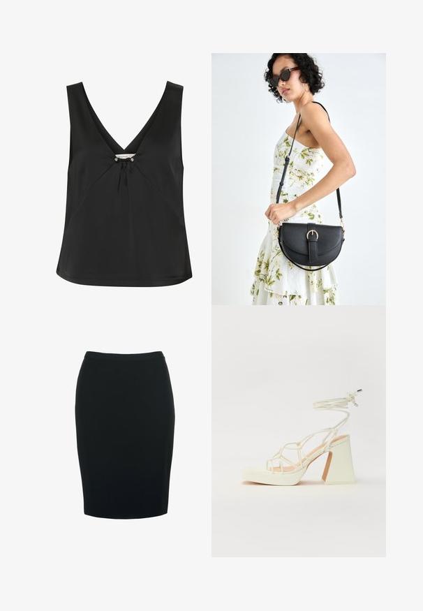 Juodas be rankovių marškinėlis su V formos iškirpte, papuoštas dekoratyviniu mazgu ir sidabro atspalvio akcentais centre, pagamintas iš lygios, elegantiškos medžiagos.; Juoda pieštuko sijonas su aptempta siluetu, pagamintas iš lygaus, tamprios medžiagos. Yra vidutinio juosmens ir iki kelių ilgio dizainas.; Balti aukštakulniai sandalai su masyviu kulnu, su dirželių dizainu ir kulkšnies raiščiu. Lygi tekstūra su platforma priekyje, suteikianti papildomą aukštį.; Juodas odinis krepšys su išlenkta forma, nuimamu dirželiu ir auksiniais detalėmis. Krepšys turi kilpą su sagtimi.